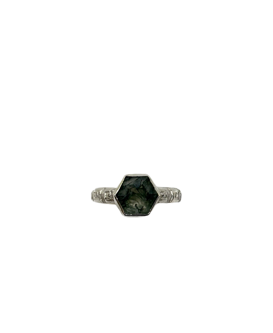 Handmade Solid 925 Sterling Silver Die-Patterned Moss Agate Hexagon Ring