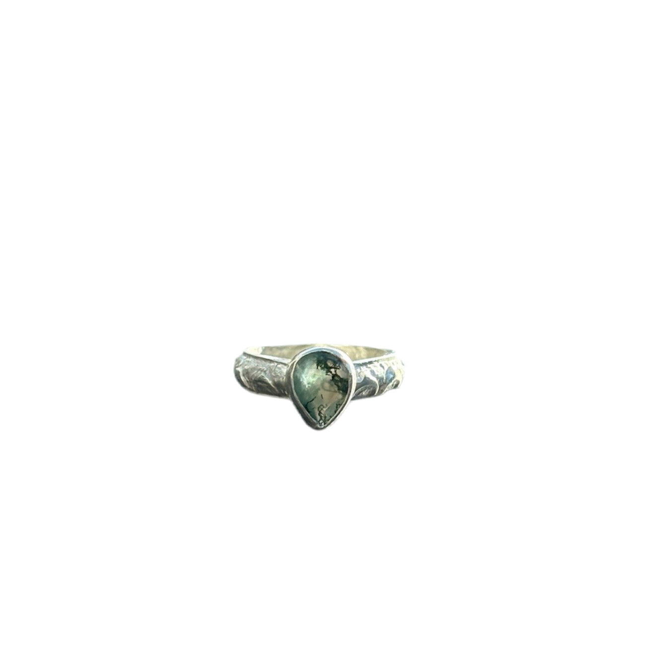 Handmade Solid 925 Sterling Silver Die-Patterned Moss Agate Pear Shaped Ring