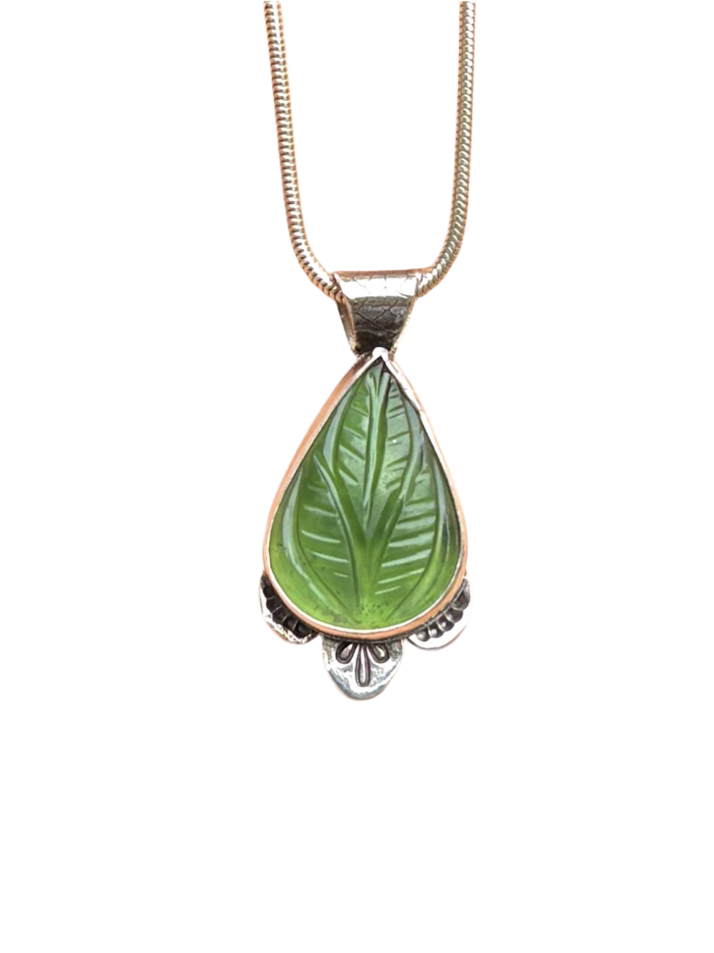 Handmade Solid 925 Sterling Silver Carved Serpentine Pendant with Skeleton Leaf textured Bail and Stamped Accents
