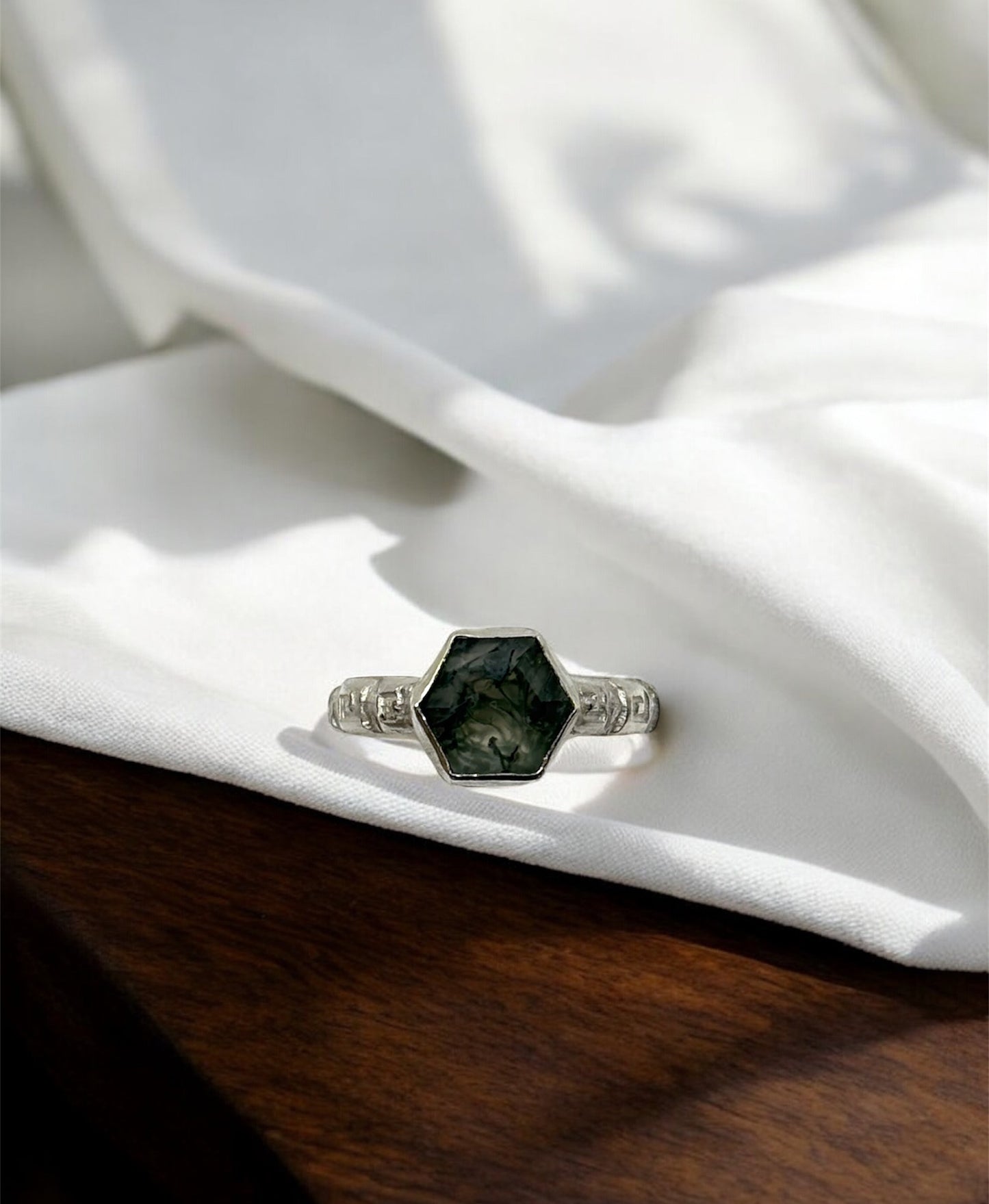 Handmade Solid 925 Sterling Silver Die-Patterned Moss Agate Hexagon Ring