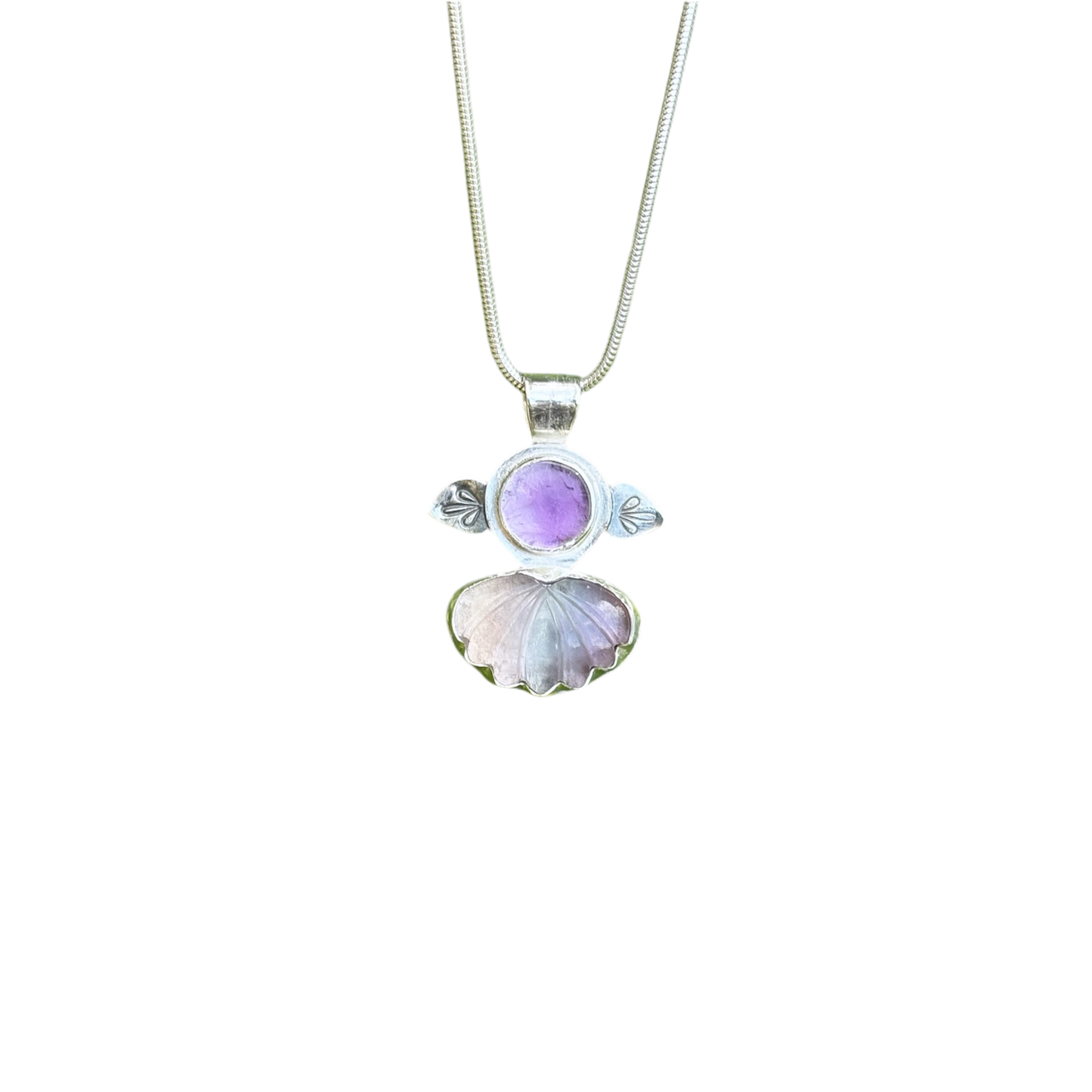 Handmade Solid 925 Sterling Silver Carved Fluorite and Amethyst Pendant with Stamped Accents