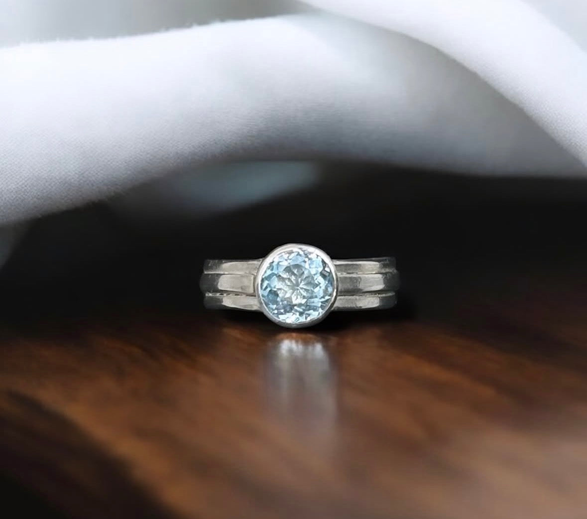 Handmade Solid Sterling Silver Tri-Band ring with Bezel set Swiss Blue Topaz