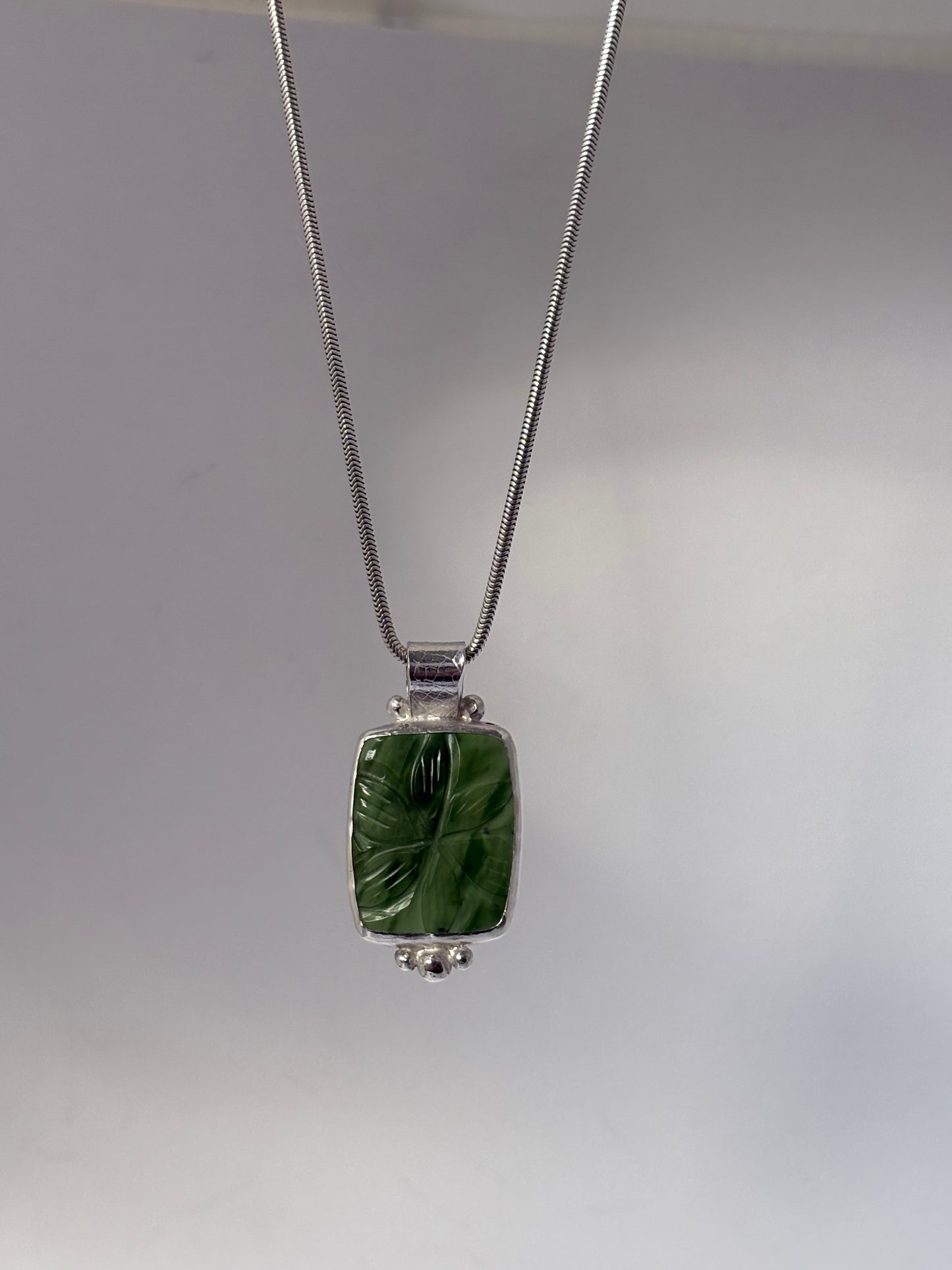 Handmade Solid 925 Sterling Silver Carved Serpentine Pendant with Skeleton Leaf textured Bail Large