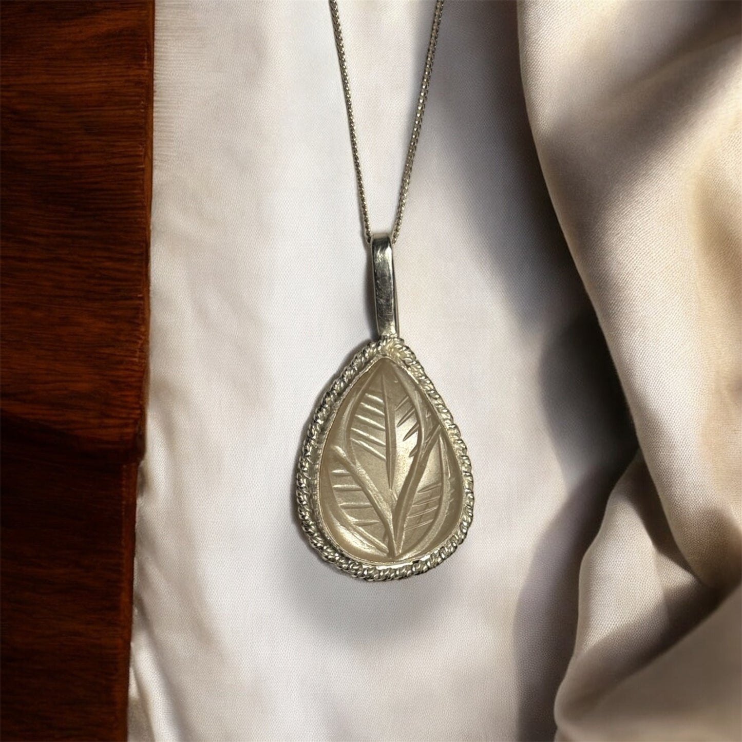 Handmade Solid 925 Sterling Silver Carved White Moonstone Teardrop Pendant