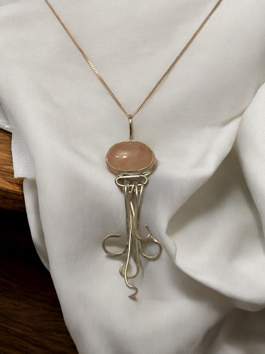 Handmade Solid 925 Sterling Silver Rose Quartz Jellyfish Pendant