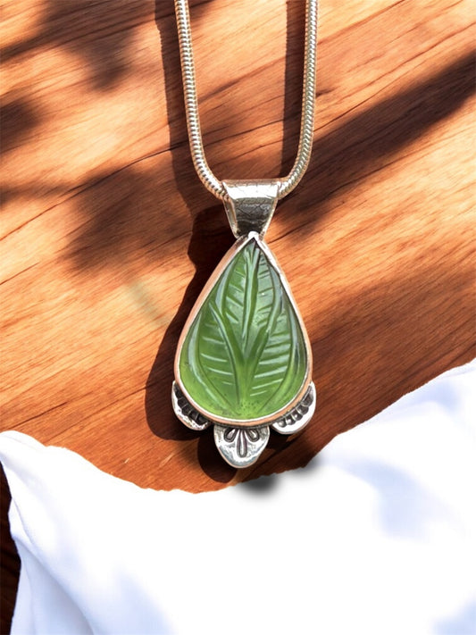 Handmade Solid 925 Sterling Silver Carved Serpentine Pendant with Skeleton Leaf textured Bail and Stamped Accents