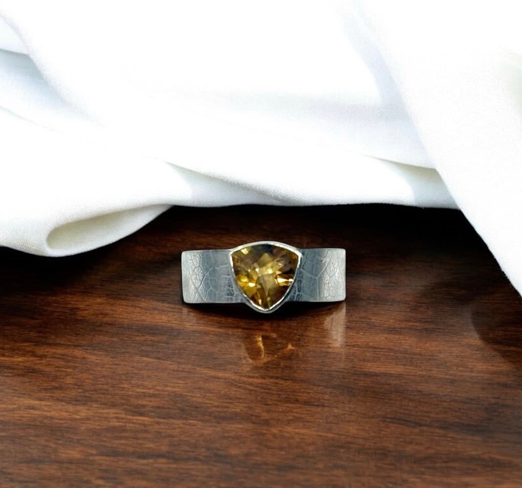 Handmade Solid Sterling Silver Leaf textured ring with Bezel set Citrine