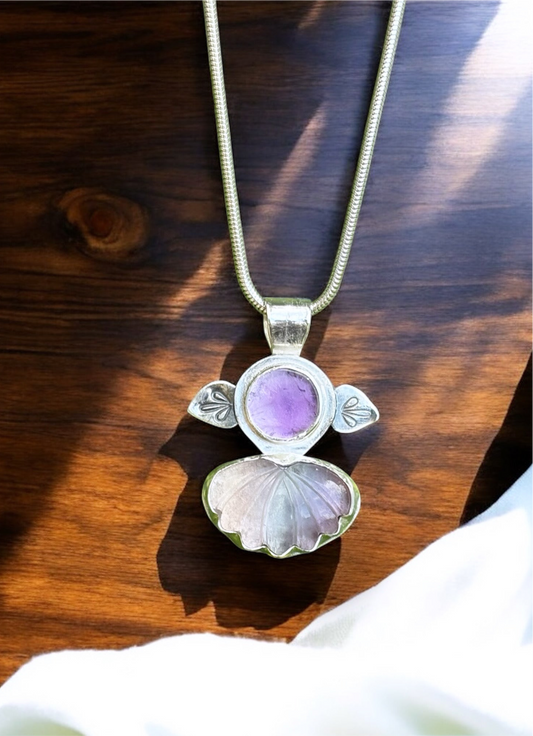 Handmade Solid 925 Sterling Silver Carved Fluorite and Amethyst Pendant with Stamped Accents