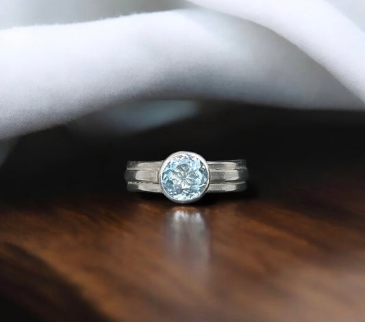 Handmade Solid Sterling Silver Tri-Band ring with Bezel set Swiss Blue Topaz