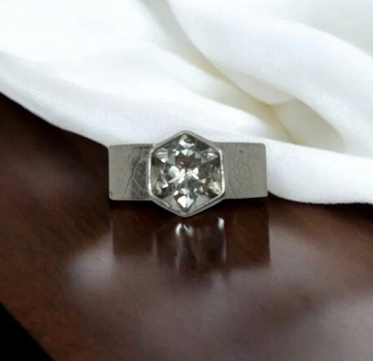 Handmade Solid 925 Sterling Silver Skeleton Leaf textured Green Quartz Hexagon Ring