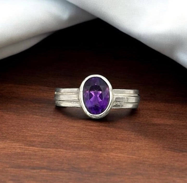 Handmade Solid Sterling Silver Tri-Band ring with Bezel set Amethyst