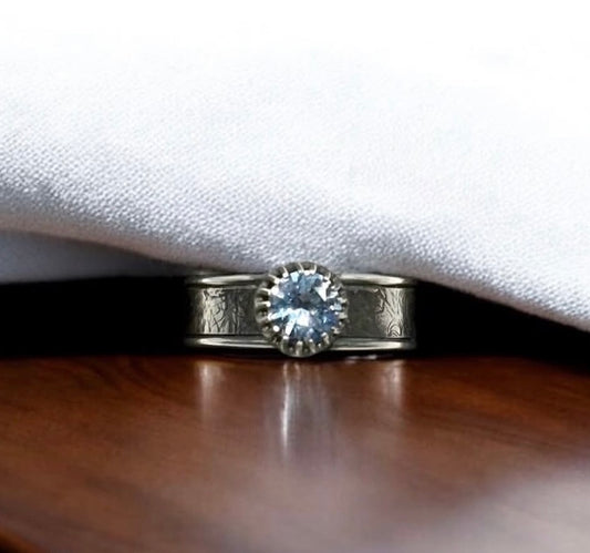 Handmade Solid Sterling Silver Fabric textured Tri-Band ring with Bezel blue Spinel