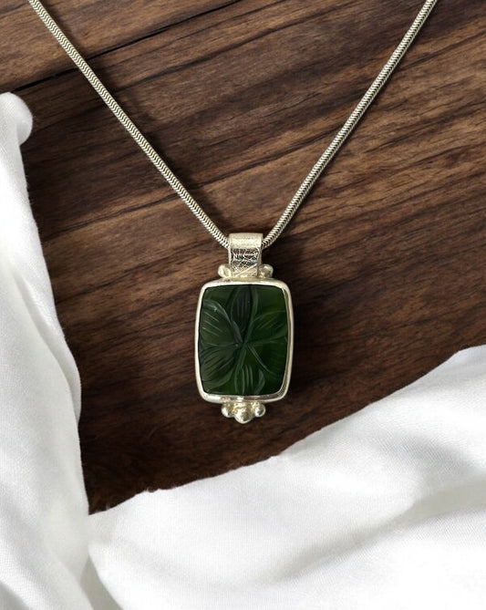 Handmade Solid 925 Sterling Silver Carved Serpentine Pendant with Skeleton Leaf textured Bail Large