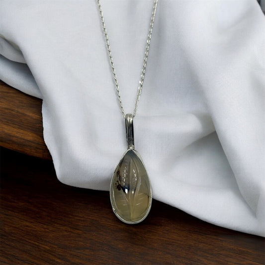 Handmade Solid 925 Sterling Silver Carved Montana Agate Pendant